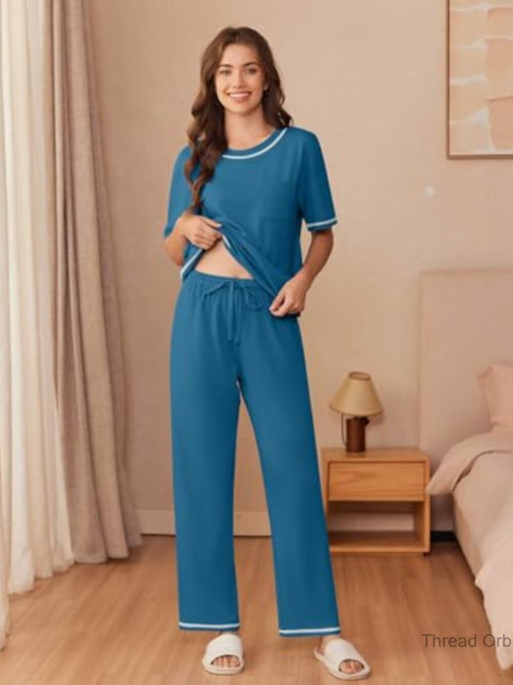 Soft Cotton Pajama Set with Pockets, Short Sleeve Top & Relaxed Pants - Picture 2 of 7